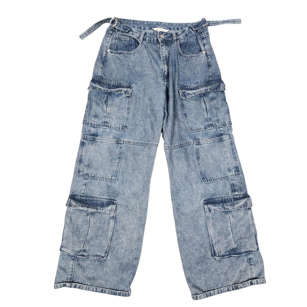 Riley & James Cargo Jeans Women's L Wide Leg Light Wash Y2K Utility Denim 32